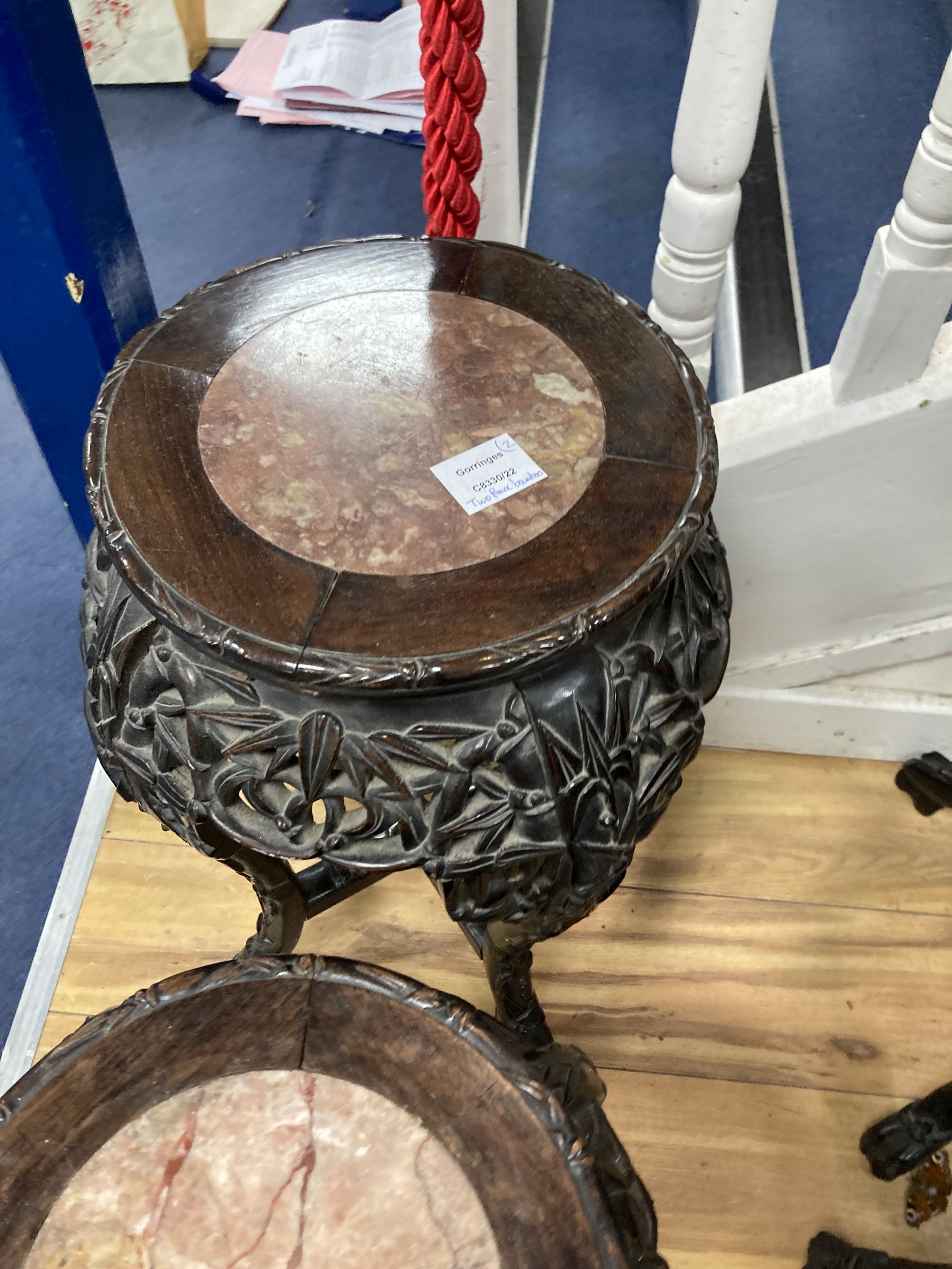 Two Chinese hongmu and marble inset faux bamboo vase stands, c.1900, larger width 36cm height 60cm